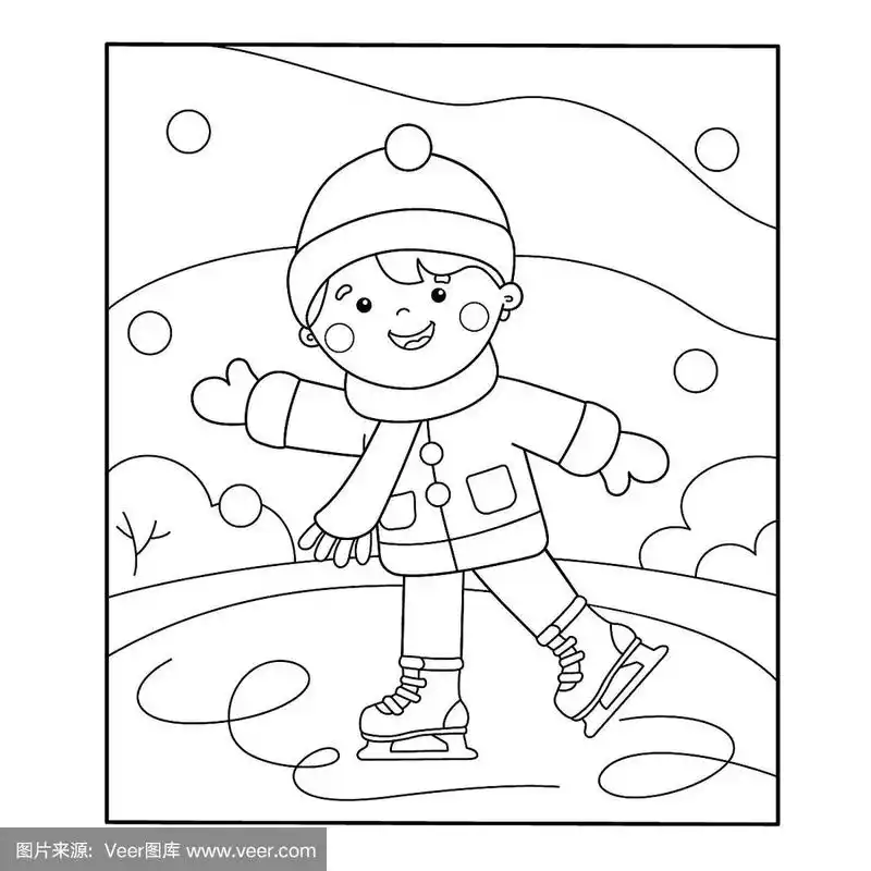 漫画男孩滑冰着色页大纲.冬季运动.儿童涂色书