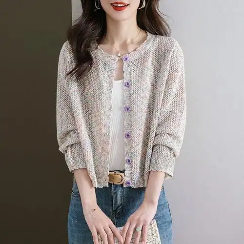 早秋镂空针织衫女开衫短款秋装2023新款女装外搭薄款毛衣外套春秋