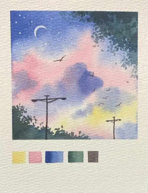 水彩风景清新柔美的晚霞入门图文教程