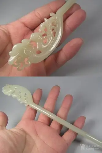 明代和田青白玉龙凤呈祥大型玉簪