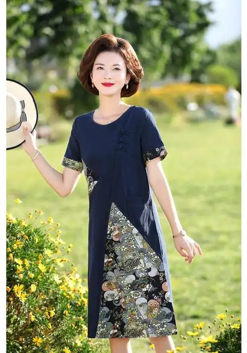 宝莲朵妈妈装洋气纯棉连衣裙中年女装夏装民族风大码中老年人夏天气质