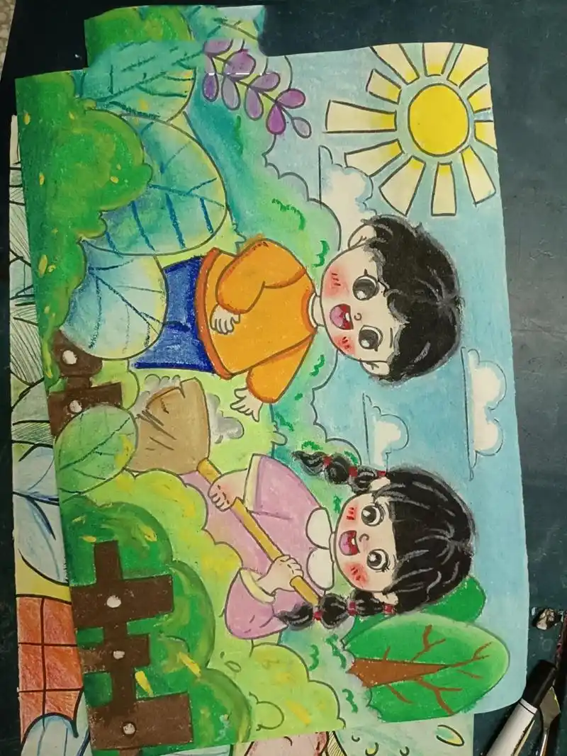 油画棒《劳动,打扫卫生》儿童画  第一次这么认真的用油画棒涂色
