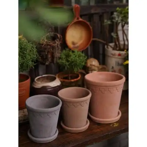 北欧复古做旧陶土帝罗马花边粗陶花盆红陶水泥盆器大号陶盆带托盘