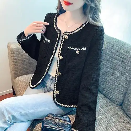 法式小香风外套女春秋短款复古高级感气质名媛粗花呢上衣-阿里巴巴