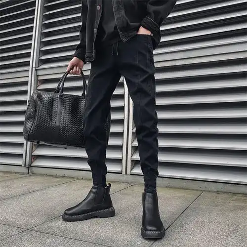 秋冬牛仔裤男加绒修身潮流新款小脚韩版痞帅黑色马丁靴裤休闲长裤