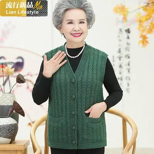 恋名媛老人马甲女春秋奶奶毛线衣背心老年人针织马夹妈妈老太太加肥
