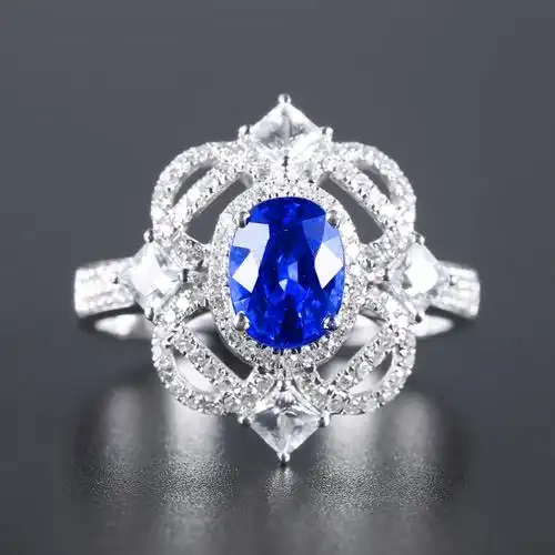 天然蓝宝石戒指1.49克拉18k金镶嵌钻石白蓝宝彩宝意禄珠宝 lb061