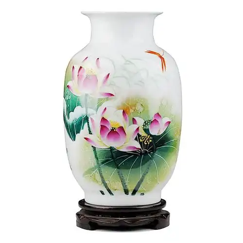 中式家居客厅装饰工艺品景德镇陶瓷手绘青花瓷牡丹荷韵小花瓶水培花器