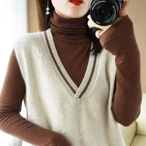 2021春秋新款宽松百搭套头v领马甲背心无袖针织坎肩学生毛衣女