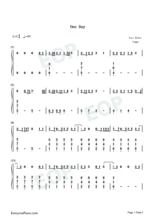 one day-tate mcrae双手简谱预览1