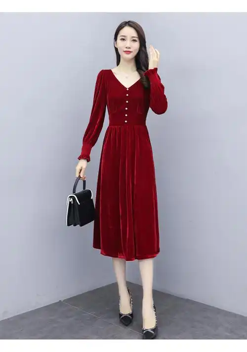 凡淑 金丝绒连衣裙女2020春季中长款v领气质显瘦公主裙贵族收腰优雅