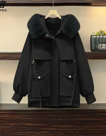 女宽松显瘦中长款加绒棉服外套女6750黑色加绒加厚4xl建议180200斤