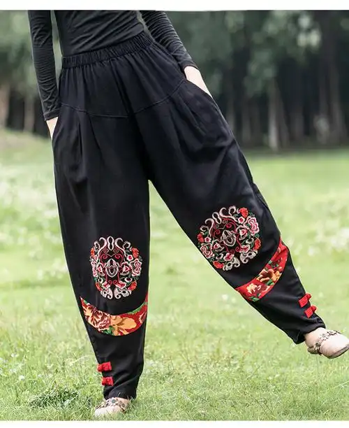 民族风灯笼裤棉麻哈伦裤春秋大码阔腿裤中年女绣花长裤广场舞裤子