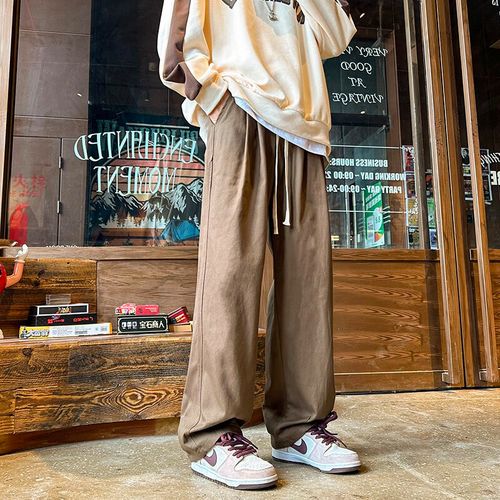 jacktomslee春季纯棉阔腿裤男休闲裤松紧腰系绳拖地裤子垂感港风高街