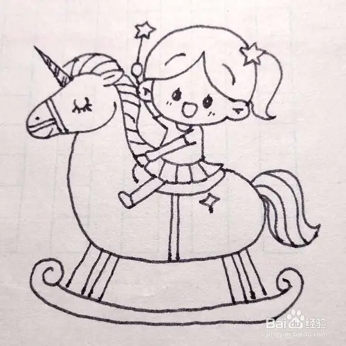 如何画出一个在坐摇摇木马的卡通小女孩简笔画