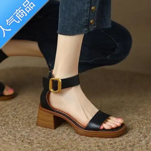 suntek厚底棕色复古一字带罗马凉鞋女粗跟软底后包跟夏季新款高跟鞋