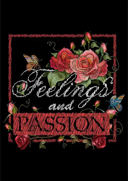 植物牡丹花卉蝴蝶字母印花矢量图服装裁片t恤烫图印花花型素材