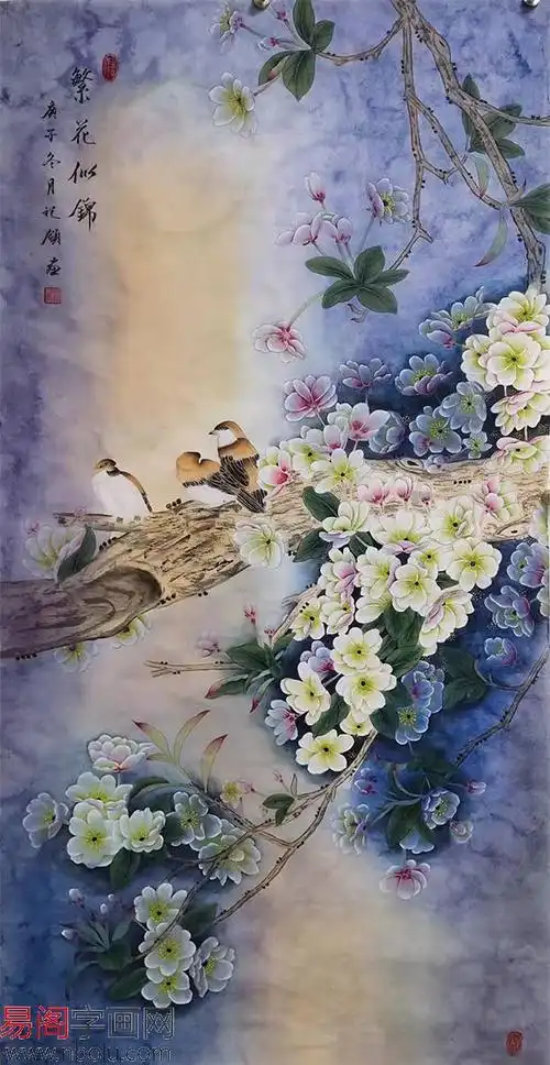 胡记领工笔花鸟画四尺竖幅《繁花似锦》(作品来源:易阁字画)