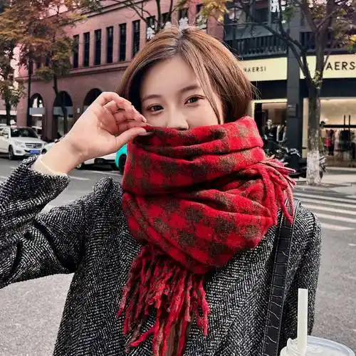 新款经典款千鸟格保暖围巾高级感冬季围巾流苏格子披肩围脖韩版