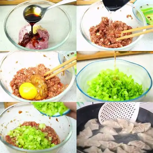 第五步:把芹菜碎倒入肉馅里,充分搅匀混合开始包饺子.