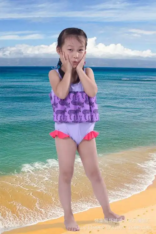 出口美国儿童泳衣女童宝宝浮力泳衣卡通印花连体浮力防晒泳衣热卖