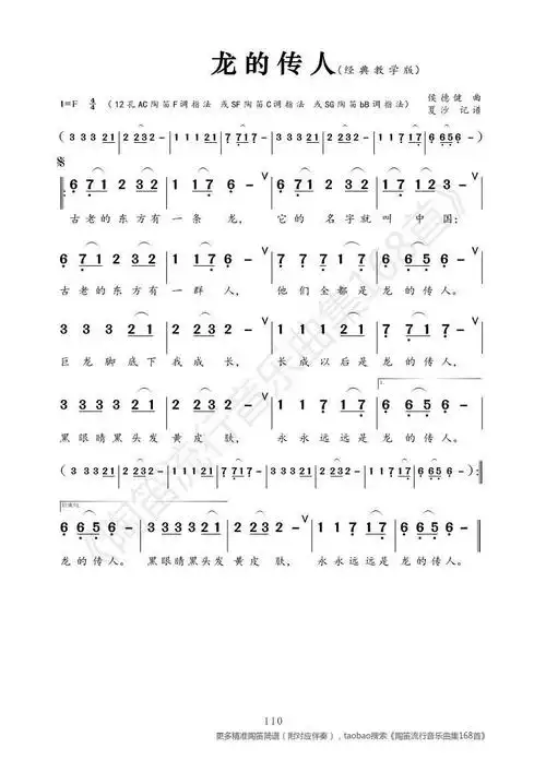 龙的传人 张明敏 歌谱 简谱