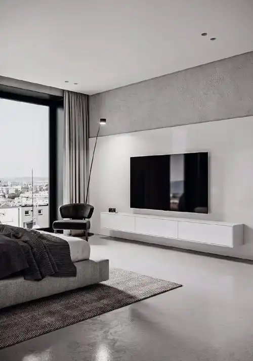 灰色得地砖 背景墙白加黑