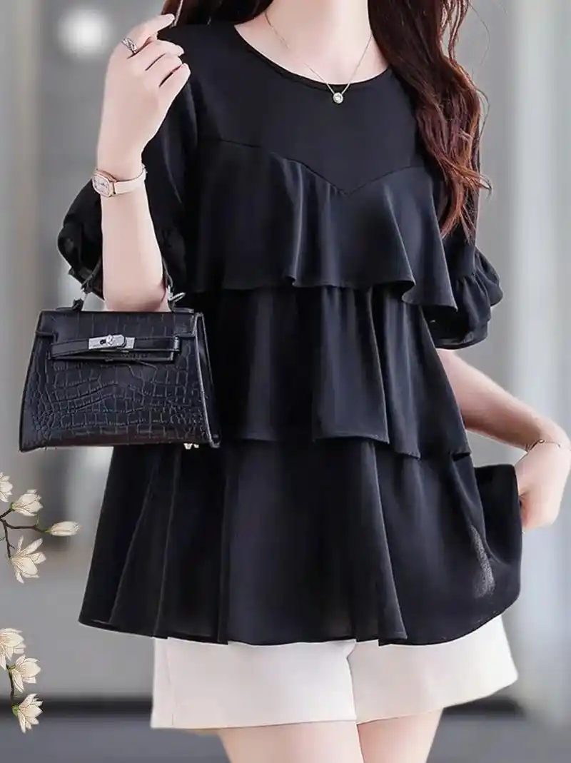 姐妹们,快看看这款法式气质黑色短袖雪纺衬衫.它宽松