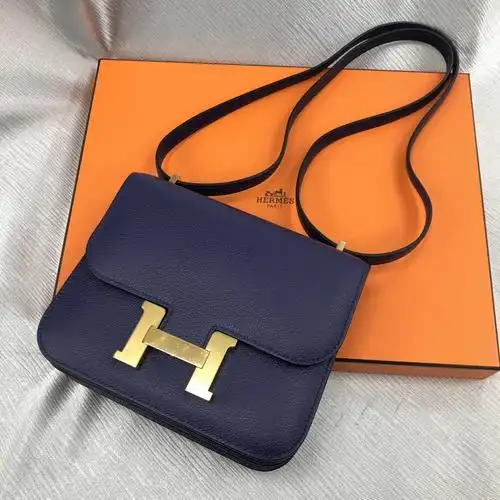 全新hermes 爱马仕 手袋 constance 18 m3 蓝色 evercolor 金扣