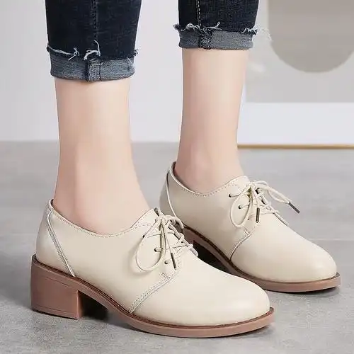 2021秋冬英伦复古厚底粗跟女单鞋休闲女士小皮鞋真皮学生低帮女鞋
