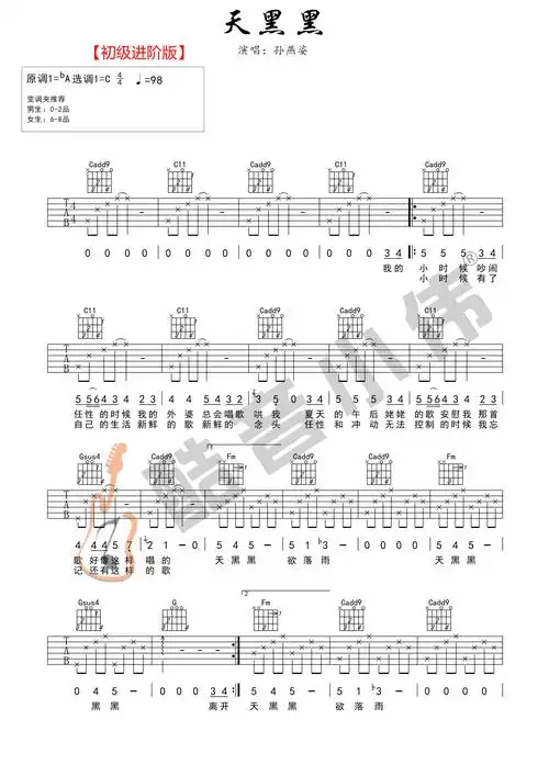 天黑黑吉他谱 孙燕姿 c调简单版(酷音小伟)第1张