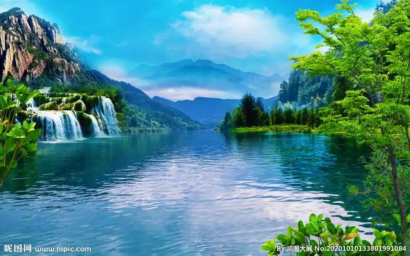 山水风景 瀑布风景画设计图__风景_psd分层素材_设计图库_昵图网nipic