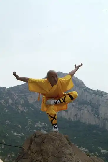 图为北京少林武术学校校长傅彪凡行功练武,皆有一定之次序步骤,且亦有