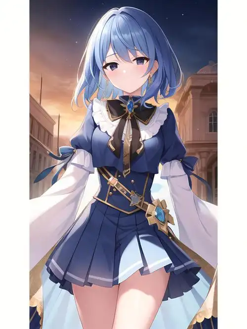 蓝系短发连衣长裙女孩动漫二次元绘画人物