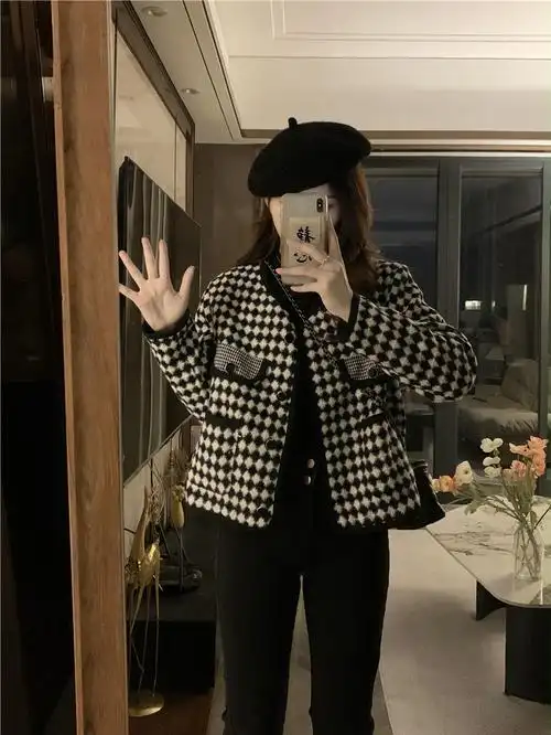 实拍大码 高级感气质短款小香风千鸟格毛呢外套上衣 - 17网