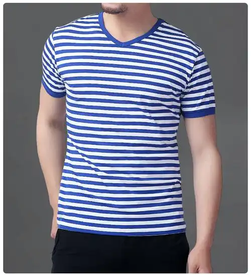 半袖丝光棉短袖t恤男海魂衫蓝白条纹衫条纹衫半袖v领老头衫夏季海军衫