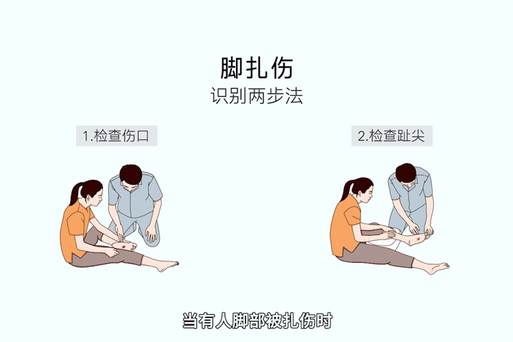 2,检查趾尖搀扶伤者就近寻找安全的地方坐下,检查伤者足部伤口的大小