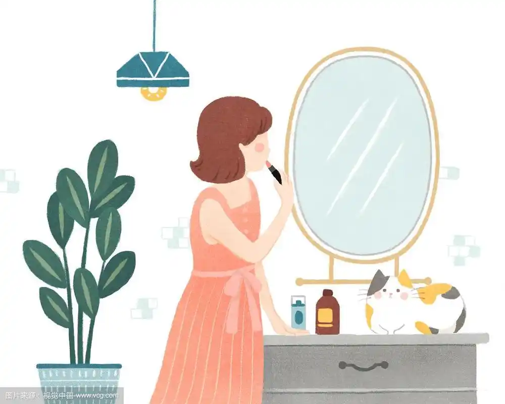 女孩照镜子化妆插画