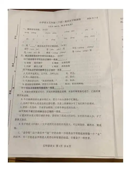 2020年南京市建邺区新城小学北校区五年级语文下册期末试卷