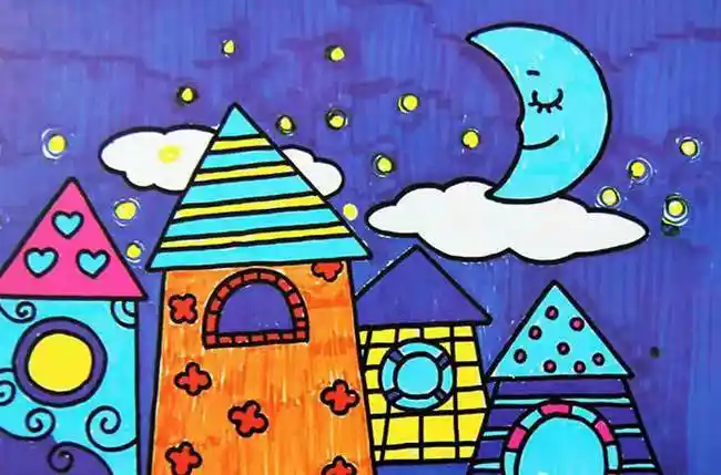 桓仁县业主沟小学李雨彤绘画作品夜晚