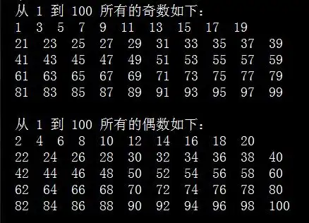 c语言编写程序求1到100所有的奇数和偶数