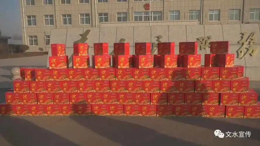 圣益饮料公司捐助的300多箱沙棘饮料整齐摆放,前来领取慰问品的65岁