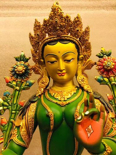 尼泊尔进口铜鎏金彩绘彩绘绿度卓玛藏传佛教佛像15寸摆件