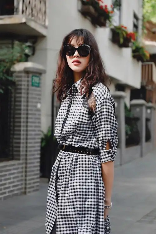 giabs/giabs 20春夏 黑白格纹连衣裙 女士连衣裙