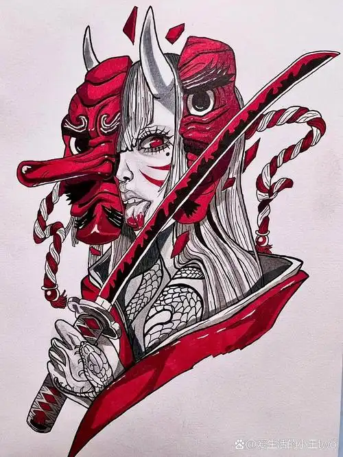 日式少女 天狗|附教程   偶然刷到的刺青图 感觉不错 浅画一下