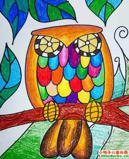 儿童美术作品儿童画:猫头鹰站岗
