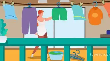 易用卡通mg动画女人阳台晾衣服