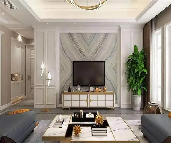 电视背景墙是选择大理石上墙搭配一个白色的地柜非常实用!