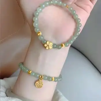 老凤凰足黄金小桃花手链女999足金猫眼小金珠和田玉手串生日礼物送