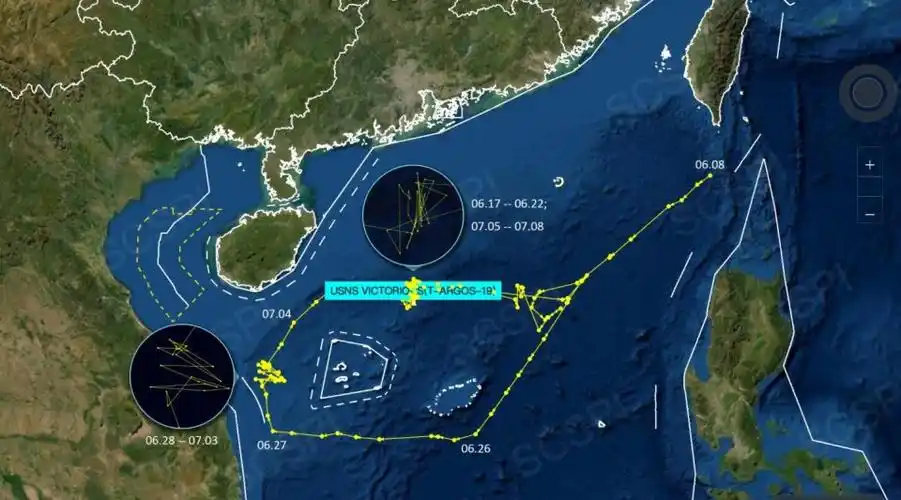 美军监视船在南海织网诡异航线引发热议追踪中国航母